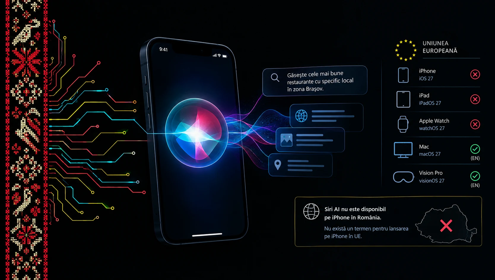 Illustration: an iPhone running Siri AI receives, in Romanian, a question about the best restaurants with local cuisine around Brașov. On the right, the European Union list: iPhone with iOS 27, iPad with iPadOS 27 and Apple Watch with watchOS 27 are marked with an X, while Mac with macOS 27 and Vision Pro with visionOS 27 are ticked and marked EN. At the bottom, a map of Romania crossed out, with the text: Siri AI is not available on iPhone in Romania. There is no timeline for the iPhone launch in the EU.